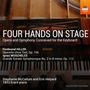 "FOUR HANDS ON STAGE" darüber zwei Pianisten an einem Erard-Klavier von 1853. Oben rechts ein schwarz-oranges Logo., CD