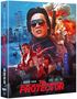 Text: "Jackie Chan - The Protector". Illustration: Jackie Chan mit Sonnenbrille, Helikopter, Explosionen und Wolkenkratzer., 1 Ultra HD Blu-ray und 3 Blu-ray Discs