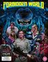 "FORBIDDEN WORLD" in gelb auf blauem Hintergrund, Sci-Fi-Szene mit blauen Monstern, bewaffnetem Mann und futuristischen Figuren.