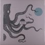 "Delta Sleep, Twin Galaxies" steht in einem Rechteck. Eine schwarz-weiße Illustration eines Oktopus mit einem blauen Kreis.