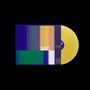 Text: "THE DURUTTI COLUMN", "RENAISCENT". Gelbe Vinyl-Schallplatte und bunte, gestreifte Hülle auf schwarzem Hintergrund., LP
