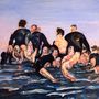 Eine dynamische Malerei zeigt eine Gruppe von Menschen, die in lebendigen Farben im Wasser kämpfen oder ringen., 2 LPs