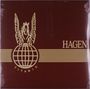 Text: "HAGEN" und "TITANIC". Illustration: Ein Pegasus steht auf einer Weltkugel, umgeben von Linien., LP