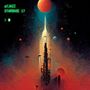 Texte: "ATJAZZ STARBASE 17". Eine futuristische Szenerie mit einem Turm, Planeten und einem kosmischen Hintergrund., 3 LPs