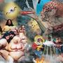 Texte nicht erkennbar. Eine surreale Collage mit organischen Formen, Gebäuden und religiösen Motiven in einer apokalyptischen Szene., 2 LPs