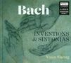 Text: "Bach, INVENTIONS & SINFONIAS, Yuan Sheng." Zeichnung: Skizzen von Händen auf grünlichem Hintergrund.