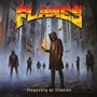 „FLAMES“ und „Frequency of Illusion“. Illustration eines Kapuzenträgers mit Flamme in der Hand, umgeben von Gestalten.