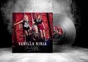 "Vanilla Ninja The Hits" steht auf einem Albumcover. Drei Frauen posieren vor roten Containertüren. Eine Schallplatte ist daneben., LP