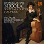 Text: "Johann Michael Nicolai: Sonatas & Suites for Viols. François Joubert-Caillet, L'Achéron."  
Illustration eines Musikers mit einer Gambe., CD