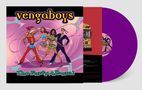 Text: "vengaboys, The Party Album!"  
Illustration: Vier tanzende Figuren in bunten Outfits, violette Schallplatte., LP