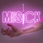 Pinkes Neonschild mit "MUSICK". Eine Spritze hängt darunter, Hand mit "Laibach"-Tattoo., CD