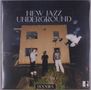 "NEW JAZZ UNDERGROUND. HOODIES". Drei Personen vor einem beigen Gebäude, eine Taube fliegt rechts., LP
