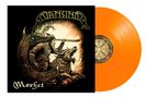 Text: "Vansind" und "Mørket". Illustration: Wikinger mit Helm und Axt kämpft gegen einen Wolf, mit orangefarbener Vinylplatte., LP
