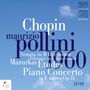 Große Wörter "Chopin", "pollini", "1960" auf blauem Hintergrund. Erwähnt: Sonata, Polonaise, Mazurkas, Etudes, Piano Concerto.