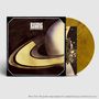 "Bygone" in großer Schrift. Saturn mit Ringen vor einem galaktischen Hintergrund. Goldenes Vinyl im Vordergrund.