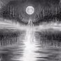 Illustration: Ein geisterhafter Umriss steht auf einem Fluss, umgeben von einem nebligen Wald unter einem leuchtenden Vollmond., CD