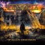 „REXORIA“ und „Fallen Dimension“ in goldener Schrift. Eine ruinierte Szenerie mit einer Person, Gewitter und leuchtendem Himmel., CD