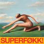 Der Text "SUPERFØKK!" ist in fetten roten Buchstaben unten. Es zeigt eine nackte Person in gebückter Haltung auf einer Wiese., LP