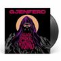 "GJENFERD" und "BLACK SMOKE RISING" in Pink auf schwarzem Hintergrund, Illustration eines vermummten Wesens mit Sonnenbrille., LP