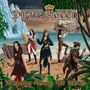„Pirate Queen“, „Travelling Around The World“. Fünf Piratinnen in bunten Kostümen an einem Strand mit Schiff im Hintergrund., CD