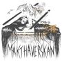 „MAKTHAVERSKAN” in handgeschriebenem Stil, darunter eine abstrakte Illustration mit Blumen, Bändern und einer Figur.