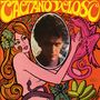 "CAETANO VELOSO" in gelben Buchstaben. Farbige Illustration mit Frau, Drachen, Blumen und einem ovalen Foto eines Mannes., LP
