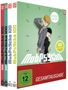 "MobPsycho 100 vol. 001" und "GESAMTAUSGABE". Zwei Figuren in Anzügen, einer mit braunen Haaren, der andere schwarzhaarig., 4 DVDs