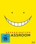 Text: "ASSASSINATION CLASSROOM", "FSK ab 16 freigegeben". Illustration eines gelben Smileys mit großem Lächeln und runden Augen.