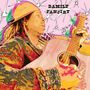 Text: "DAMILY FANJIRY". Farbintensive Illustration einer Person, die Gitarre spielt, mit lebendigen Mustern im Hintergrund., LP