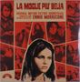 Titel: "LA MOGLIE PIU' BELLA". Soundtrack von Ennio Morricone. Illustration: Frau mit schwarzem Haar im Vordergrund, rote Töne., LP