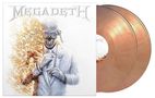 Text: "MEGADETH". Ein Skelett im Anzug, umgeben von Flammen, trägt eine futuristische Brille. Drei goldene Schallplatten., 2 CDs