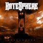 Text: „HATESPHERE GUILLOTINE“. Eine Guillotine vor einem stürmischen, orangefarbenen Himmel. Blitze und ein Totenschädel., LP