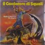 "Il Cacciatore di Squali". Ein Mann auf einem Boot kämpft gegen einen Hai. Dramatische Farben und dynamische Szene., LP