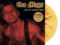 "Cro-Mags Live at CBGB's 1985" steht oben. Ein tätowierter Mann mit energischem Ausdruck. Gelbe Schallplatte daneben., LP