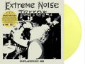 Text: "Extreme Noise Terror", "Burladingen 888". Schwarz-weißes Foto einer Band mit Mikrofon und Gitarre, gelbe Schallplatte.