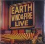 "EARTH WIND & FIRE LIVE" in großen Neon-Buchstaben auf einem Leuchtschild, darunter eine Theaterszene mit Lichtern., LP