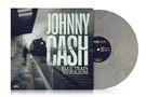 Text: Johnny Cash, Blue Train to Folsom. Cover zeigt einen Mann auf einem Bahnsteig mit einem einfahrenden Zug. Schallplatte daneben., LP