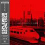 "ESPLENDOR GEOMETRICO" steht vertikal; roter Hintergrund zeigt Shinkansen-Zug vor einer städtischen Skyline.