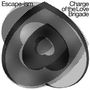Texte: "Escape-ism", "Charge of the Love Brigade". Eine abstrakte schwarz-weiße Punkt-Muster im Hintergrund., LP