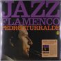 Große lila Schrift: "JAZZ FLAMENCO". Darunter in Orange: "PEDRO ITURRALDE". Profil eines Mannes mit Saxophon.