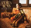 Text: "ANDREA MOTIS INTIMATE". Eine Frau in einem bunten Kleid sitzt auf einem antiken Sofa mit einer Trompete daneben., LP
