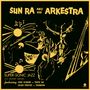 "Sun Ra and his Arkestra. Super-Sonic Jazz. Illustration mit kosmischen Motiven, Instrumenten und abstrakten Formen."