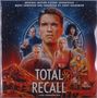 In der Mitte steht „TOTAL RECALL“ in großen Buchstaben. Oben Text über Soundtrack und Komponist. Personen vor futuristischem Hintergrund., LP