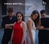 "Tomás Bretón Songs & Piano Trios" mit vier Personen in eleganter Kleidung, zwei Frauen in Rot und Weiß, zwei Männer in Schwarz., 2 CDs