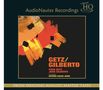 "GETZ/GILBERTO" in moderner Schrift, lebendige Pinselstriche in Orange und Rot, oben "AudioNautes Recordings".