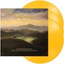 Text: "Warren Haynes Dreams & Songs", "A Symphonic Journey with the Asheville Symphony Orchestra". Ein Gemälde von Bergen bei Sonnenuntergang mit einem einsamen Esel. Zwei gelbe Schallplatten im Hintergrund., 3 LPs