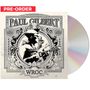 Text: "PRE-ORDER", "PAUL GILBERT", "WROC". Schwarz-weiße Illustration eines Gitarristen in einem dekorativen Rahmen, daneben CD., CD