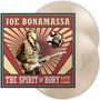 "JOE BONAMASSA: THE SPIRIT OF RORY LIVE FROM CORK" Illustration mit Gitarristen im Retro-Stil und Vinyl-Schallplatten.