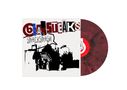"Beatsteaks" und "Smacksmash" in Collage-Stil. Schwarze Silhouetten von Gebäuden, roter, marmorierter Schallplatte., LP