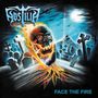 "FACE THE FIRE" in blauer Schrift unten. Ein orange-blaues Skelett hält einen brennenden Schädel auf einem Friedhof., LP